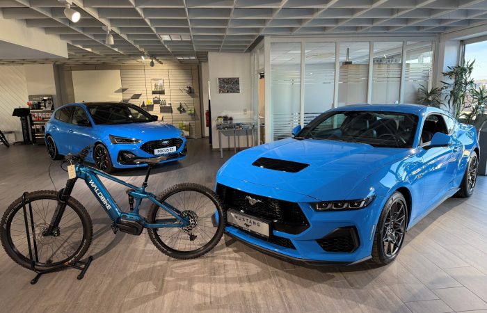 Ein Waldbike und ein blauer Mustang im Ausstellungraum des Autozentrum Epple in Rutesheim